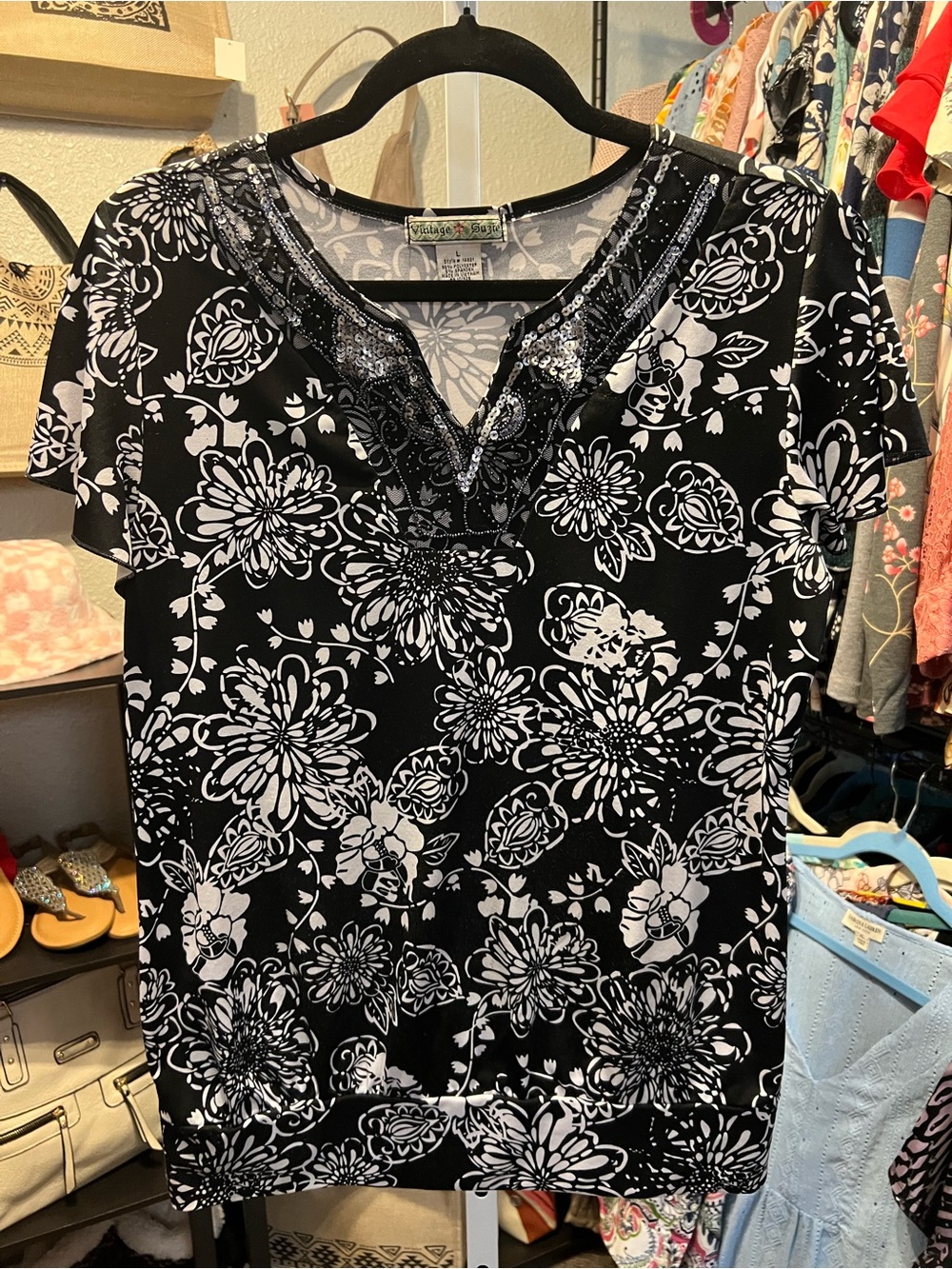 Village Suzie Embroidered V-Neck Black & White Floral Blouse